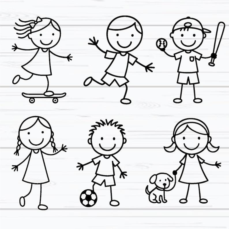Puede incluir: Dibujo lineal en blanco y negro de seis ni&ntilde;os representados con figuras de palitos. Uno est&aacute; en monopat&iacute;n, otro corriendo, y un tercero sosteniendo un bate y una pelota de b&eacute;isbol. Otros juegan al f&uacute;tbol y pasean a un perro.