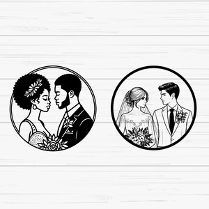 May include: Two black and white illustrations of couples in wedding attire. The first illustration shows a Black couple looking at each other. The second illustration shows a white couple looking at each other.