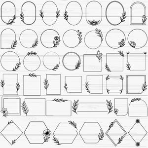 May include: A collection of black line art frames in various shapes, including ovals, circles, rectangles, and diamonds. Each frame is adorned with delicate floral and leaf accents, perfect for digital design or crafting projects.