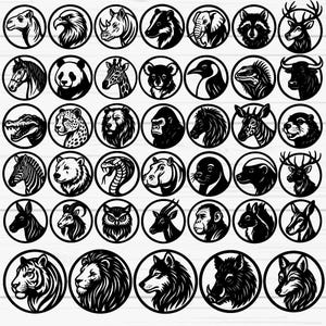May include: A collection of black and white animal portraits, each within a circular frame. The image features a variety of wildlife, including a camel, eagle, rhino, bear, elephant, raccoon, deer, horse, panda, giraffe, koala, and more.