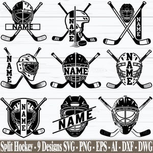 May include: Black and white hockey-themed designs featuring hockey helmets, crossed hockey sticks, and the word "NAME" in various fonts. The image includes the text "Split Hockey - 9 Designs SVG - PNG - EPS - AI - DXF - DWG".
