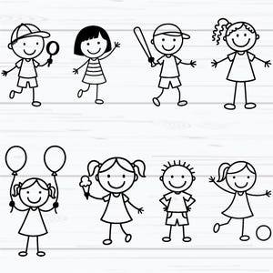 Puede incluir: Ilustraciones en blanco y negro de figuras de palitos que representan a ni&ntilde;os. Los ni&ntilde;os se representan con varios accesorios, incluyendo un bate de b&eacute;isbol, globos y helado. Algunas figuras llevan sombreros y vestidos.