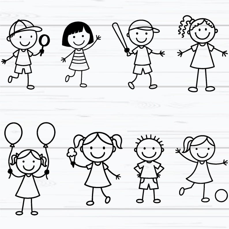 Puede incluir: Ilustraciones en blanco y negro de figuras de palitos que representan a ni&ntilde;os. Los ni&ntilde;os se representan con varios accesorios, incluyendo un bate de b&eacute;isbol, globos y helado. Algunas figuras llevan sombreros y vestidos.