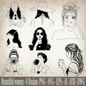 以下が含まれることがあります： 異なる髪型とアクセサリーをつけた女性の白黒線画8点。女性は帽子やサングラスをかけ、コーヒーカップ、カメラ、電話などのアイテムを持っています。
