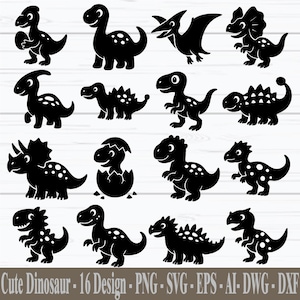 Puede incluir: Una colección de 16 diseños de dinosaurios negros en varias poses, incluyendo un T-Rex, Triceratops y Pterodáctilo. La frase "Cute Dinosaur - 16 Design" está en la parte inferior, junto con abreviaturas de tipos de archivo. Estos diseños son adecuados para manualidades y proyectos digitales.