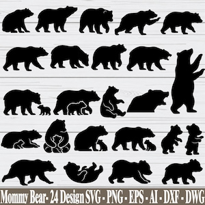 Puede incluir: Una colección de veinticuatro siluetas de osos negros en varias posturas, incluyendo caminando, de pie y sentado. Varios diseños presentan una madre osa con un cachorro. El texto en la parte inferior dice: Mommy Bear - 24 Design SVG - PNG - EPS - AI - DXF - DWG.
