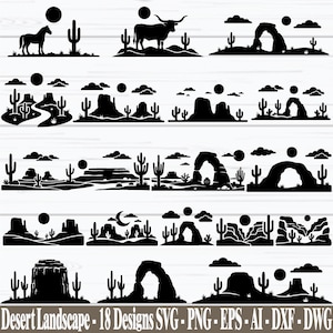 Ökenscen SVG, ökenlandskap Svg, kaktusklippfiler, västerländskt landskap Clipart, Arizona Cricut, cowboyhäst, tjur Svg, direktnedladdning