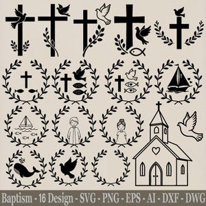 Puede incluir: Un conjunto de 16 diseños SVG de temática bautismal en blanco y negro. Los diseños incluyen cruces, palomas, peces, barcos, coronas de laurel y una iglesia.