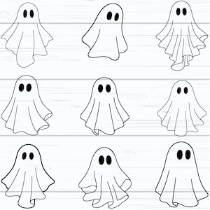 May include: Nine black and white ghost illustrations on a white wooden background. Each ghost has a simple design with a white sheet and two black oval eyes. The ghosts vary slightly in shape and pose, with some appearing to float.