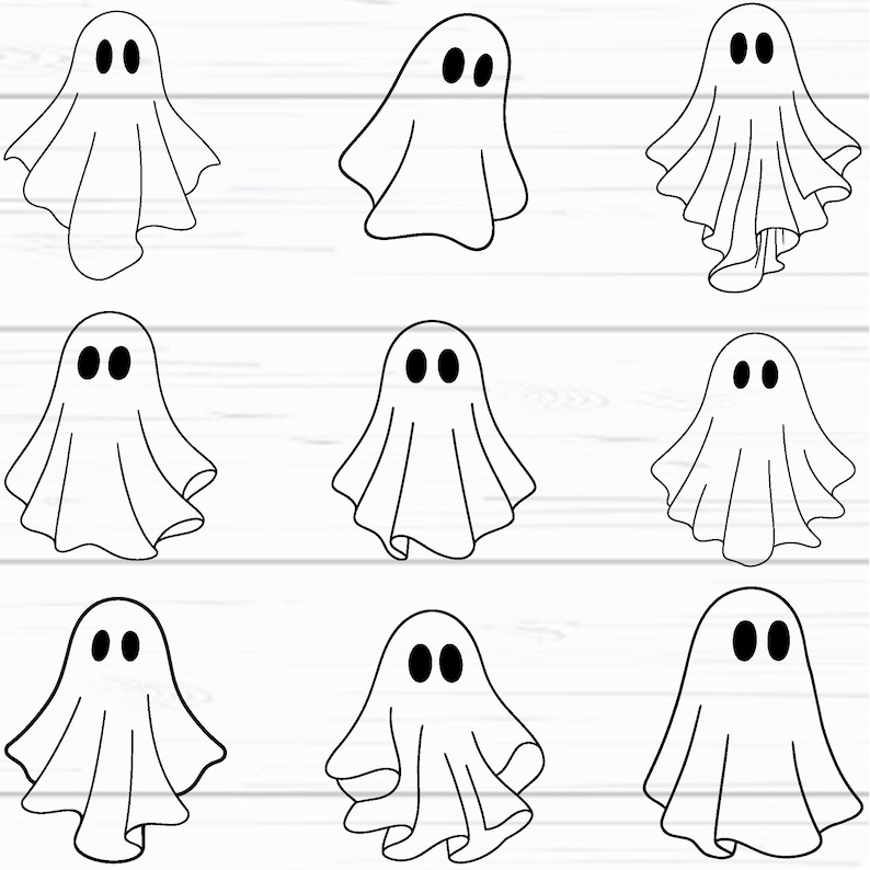 May include: Nine black and white ghost illustrations on a white wooden background. Each ghost has a simple design with a white sheet and two black oval eyes. The ghosts vary slightly in shape and pose, with some appearing to float.