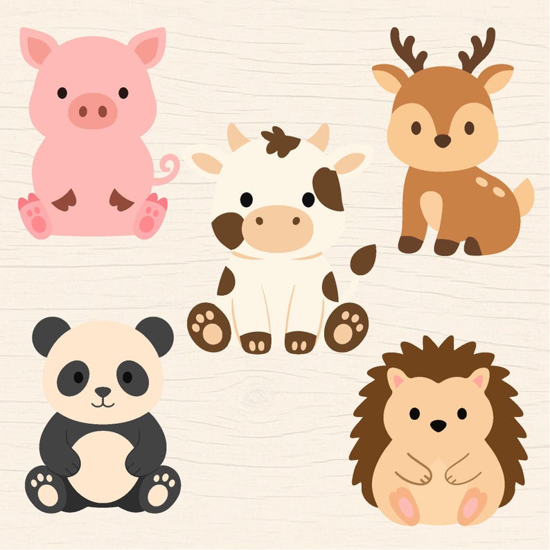 May include: A collection of five cartoon animal illustrations: a pink pig, a white and brown cow, a brown deer with antlers, a black and white panda, and a brown hedgehog. All animals are sitting on a light wood-grain background.