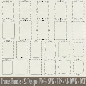 May include: A collection of 22 black line art frames in various shapes and styles, including rectangular, oval, and heart-accented designs. The text "Frames Bundle - 22 Design" is at the bottom, along with file type abbreviations.