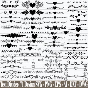 Könnte beinhalten: Eine Sammlung von 71 schwarzen Textteilern mit Herzen, Blättern und floralen Designs. Die Teiler sind in verschiedenen Stilen gehalten, darunter gerade Linien, geschwungene Linien und dekorative Ränder. Der Text "Text Divider - 71 Design SVG - PNG - EPS - AI - DXF - DWG" ist enthalten.