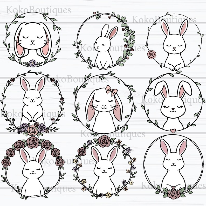 Cute Bunny Clipart Bundle, Floral Bunny SVG, Easter Bunny PNG, Spring ...