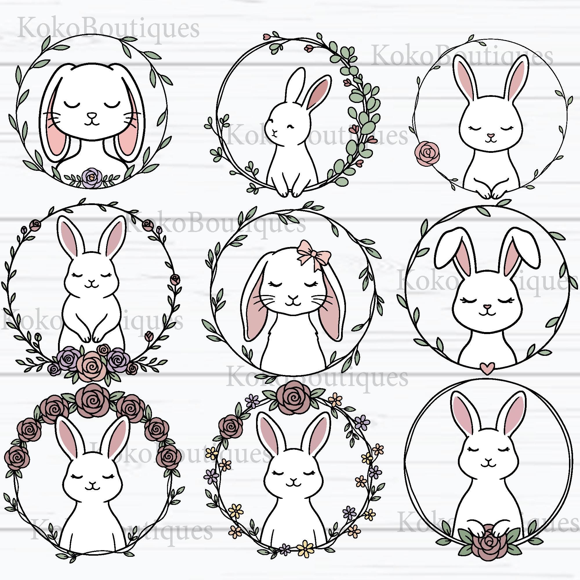 Cute Bunny Clipart Bundle, Floral Bunny SVG, Easter Bunny PNG, Spring ...