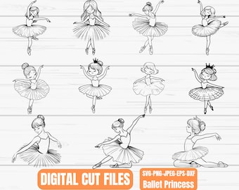 May include: A set of ten digital cut files featuring black and white illustrations of ballerinas in various poses. The text "DIGITAL CUT FILES" and "Ballet Princess" is included in the image.
