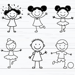 Puede incluir: Seis ilustraciones en blanco y negro de figuras de palo de ni&ntilde;os en varias poses. Una figura lleva un gorro de fiesta, otra patea un bal&oacute;n de f&uacute;tbol. Las figuras tienen caras sonrientes y est&aacute;n sobre un fondo de madera blanca.