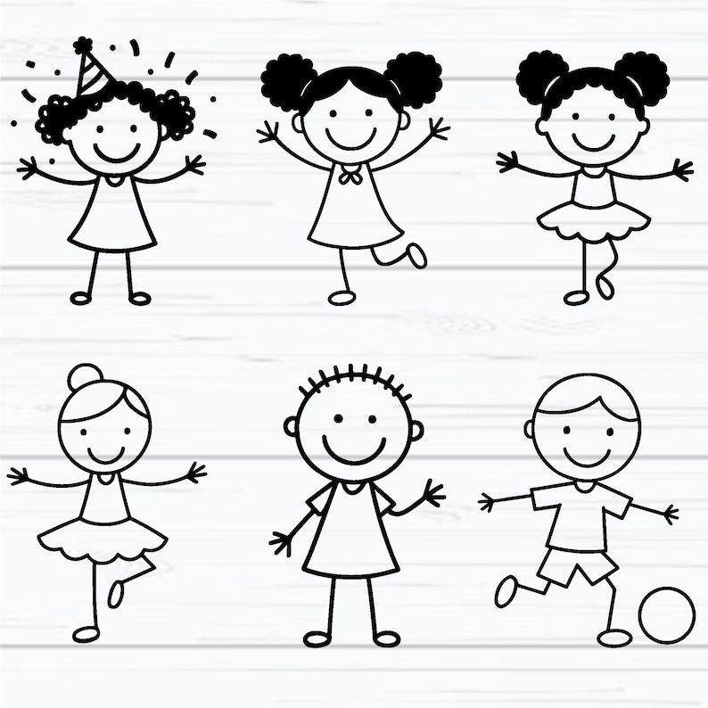 Puede incluir: Seis ilustraciones en blanco y negro de figuras de palo de ni&ntilde;os en varias poses. Una figura lleva un gorro de fiesta, otra patea un bal&oacute;n de f&uacute;tbol. Las figuras tienen caras sonrientes y est&aacute;n sobre un fondo de madera blanca.