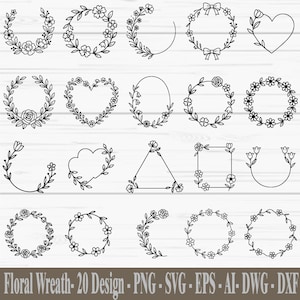 May include: A selection of 20 black and white floral wreath designs. The wreaths are in diverse shapes, including circles, hearts, and geometric forms, decorated with flowers and leaves. The text "Floral Wreath - 20 Design" is at the bottom.