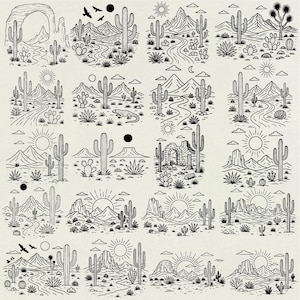 Puede incluir: Una colección de dieciséis ilustraciones en blanco y negro de paisajes desérticos. Cada diseño presenta cactus, montañas, soles y otros elementos del desierto. Algunos incluyen pájaros, caminos y un lagarto. Las ilustraciones están dispuestas en una cuadrícula.
