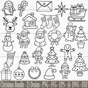 Pode incluir: Uma coleção de 25 designs de Natal em preto e branco, incluindo Papai Noel, bonecos de neve, árvores de Natal, meias e ornamentos. O texto "Christmas Bundle - 25 Design - PNG - SVG - EPS - AI - DWG - DXF" está na parte inferior.