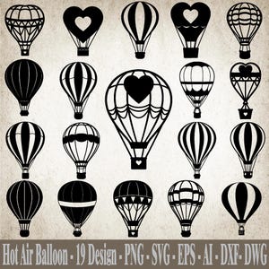 Op de afbeelding: Een verzameling van 19 zwarte luchtballonontwerpen. De ballonnen hebben verschillende patronen, waaronder strepen en harten. De tekst "Hot Air Balloon - 19 Design - PNG - SVG - EPS - AI - DXF - DWG" staat onderaan.