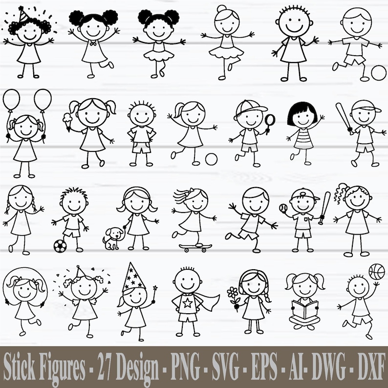 Puede incluir: Un conjunto de 27 ilustraciones en blanco y negro de figuras de palo de ni&ntilde;os en varias poses y actividades. Algunas figuras sostienen globos, un bate de b&eacute;isbol o una flor. El texto en la parte inferior dice "Stick Figures - 27 Design - PNG - SVG - EPS - AI - DWG - DXF."