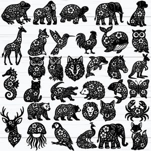 May include: A selection of black and white animal silhouettes, each decorated with floral patterns. The image features a diverse range of animals, including a frog, gorilla, turtle, elephant, dog, giraffe, fox, hummingbird, rooster, whale, owl, and others.