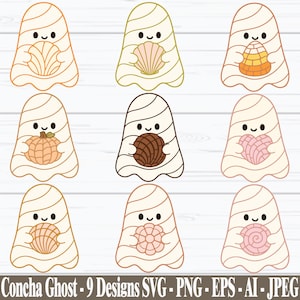 May include: A set of nine illustrations featuring white ghosts with simple black eyes and mouths, each holding a different object including a seashell, candy corn, pumpkin, and various round concha bread designs. Text reads Concha Ghost.