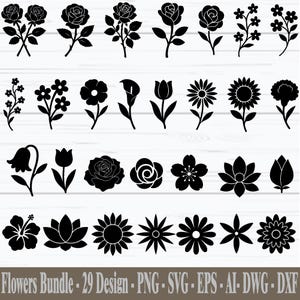 Pode incluir: Uma coleção de 29 desenhos florais pretos, incluindo rosas, margaridas e outras silhuetas de flores. A imagem inclui o texto "Flowers Bundle - 29 Design - PNG - SVG - EPS - AI - DWG - DXF".