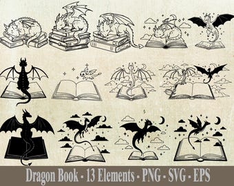 Buch Drachen SVG Bundle, Bücher und Drachen SVG, Buch Liebhaber SVG, Drache Shirt Design, Bücher SVG, Drachen Silhouette, Digital