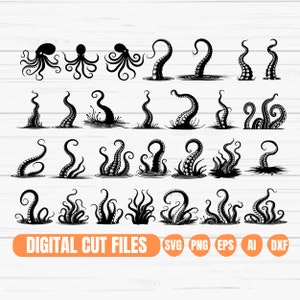 May include: A set of 24 black and white digital cut files featuring various octopus tentacles in different poses. The files are available in SVG, PNG, EPS, AI, and DXF formats.