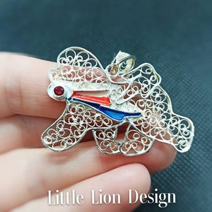 Bichon frise trotting with ribbon sterling silver pendant (/necklace brooch gift pet filigree show dog art )/