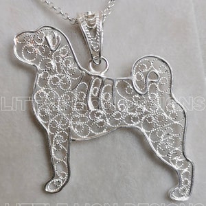 Shar pei sterling silver pendant (/filigree dog gift brooch necklace art little lion design)/