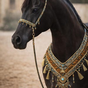 Conjunto de cabezada de lujo para exhibición de caballos árabes en verde esmeralda y dorado, aparejos de presentación, frontalera y pechera, aparejos de exhibición personalizados.