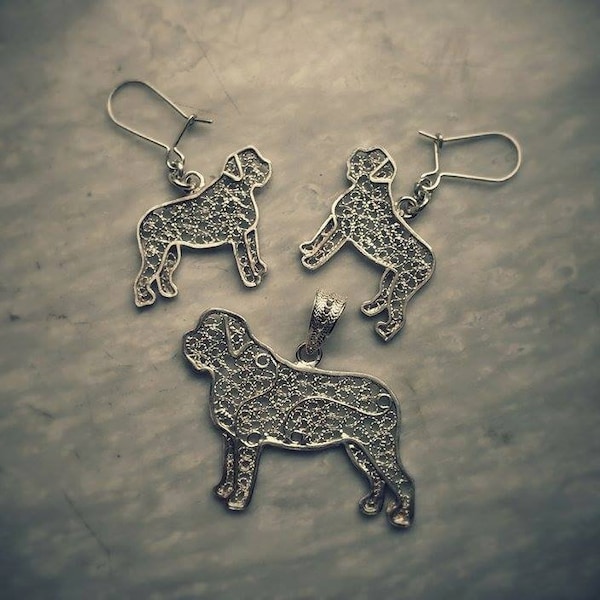 English Mastiff sterling silver brooch or pendant , English mastiff earrings (keywords: necklace dog brooch filigree art jewelery)/