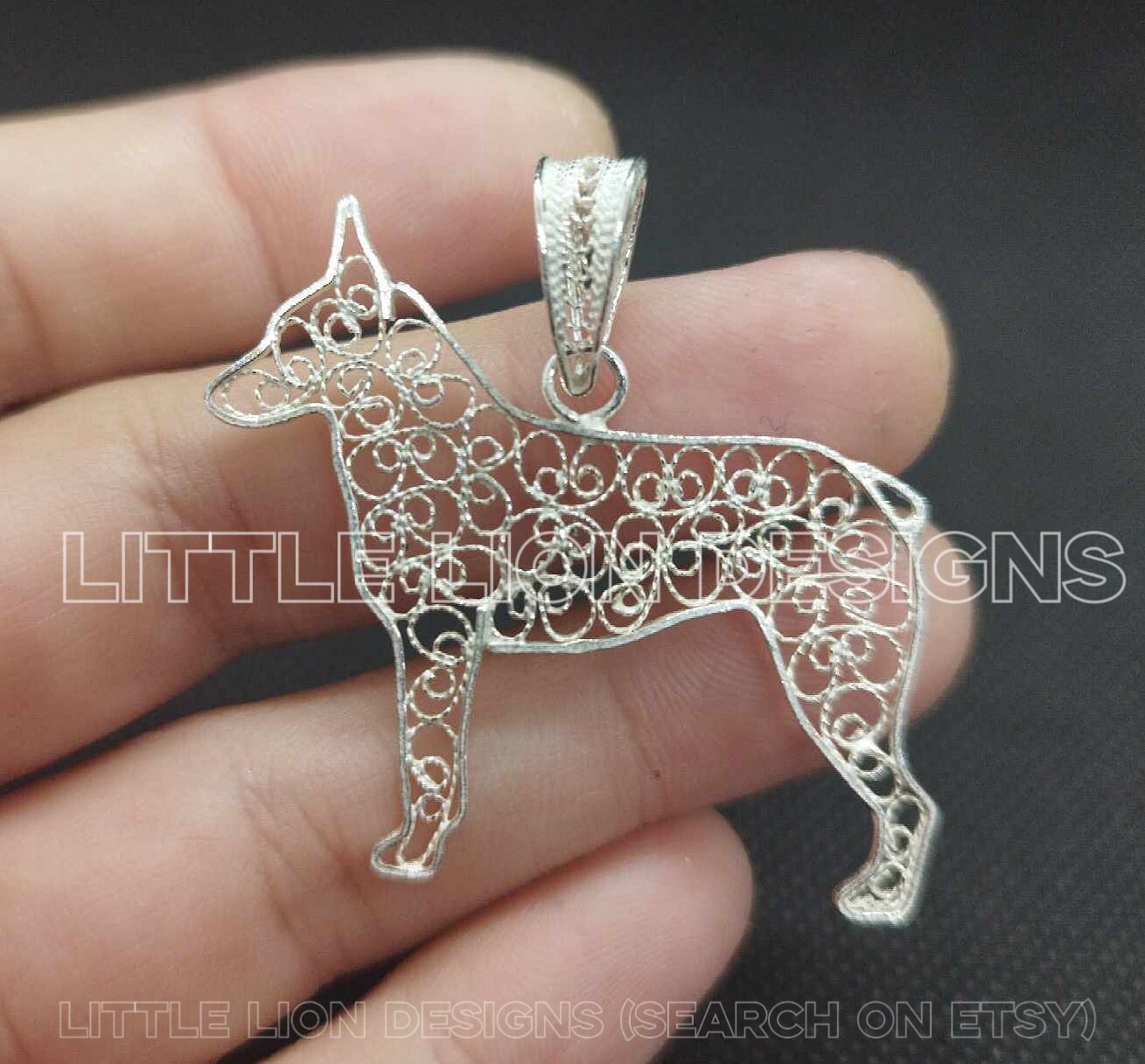Stumpy Tail Cattle dog sterling silver pendant /( brooch dog art jewellery filigree little Lion Design)