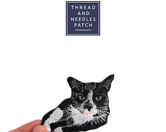 Iron On Cat Patch: Embroidered Black and White Animal Badge