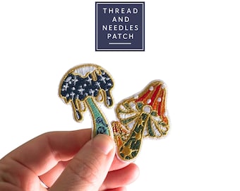 Embroidered 2" Mushroom Iron-On Patch, Set of 2 Cottagecore Style iron on patches