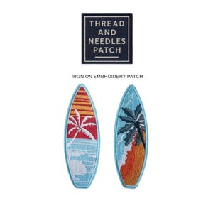 May include: Two surfboard-shaped iron-on embroidery patches with tropical beach scenes. One features a palm tree and sunset, the other a palm tree and waves. A navy blue patch with white text that reads "THREAD AND NEEDLES PATCH" is above.