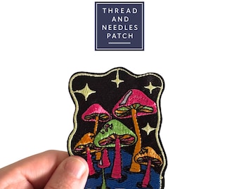 Starry Night Mushroom Embroidered Iron-On Patch, Vibrant & Whimsical Design, Unique Mushroom Gift Ideas.
