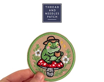 Embroidered Frog Mushroom Patch, Cottagecore Woodland Iron On Badge, Nature Applique
