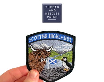 Scottish Highlands Embroidered Patch, Highland Cow Puffin Badge, Scotland Souvenir