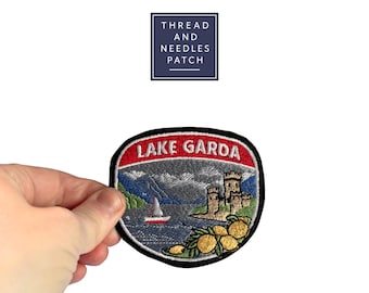 Lake Garda Italy Embroidered Patch, Scenic Castle Sailboat Lemon Applique