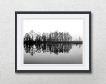 Printable wall art, Black and white landscape prints, Trees reflection on water, Nature art, Home wall decor, Lake photo, Calm water, Poster