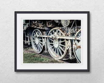 Vintage locomotive wheels, Old steam train wheels photography, Industrial inspired, Fine art print, Printable wall art, digital download