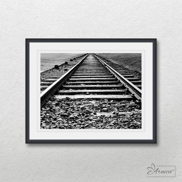 Old Black and white train track digital download photography, Printable railroad home wall decor, Print train rails art poster, Urban photo