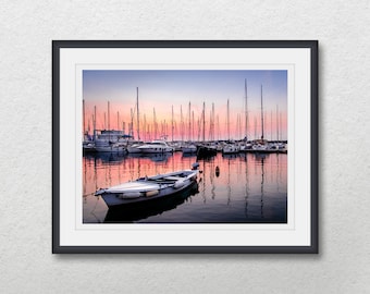 Sailboat home wall decor, Boat harbor at sunset download photography, Fishing boat printable wall art, Seascape poster, Sea photo gift
