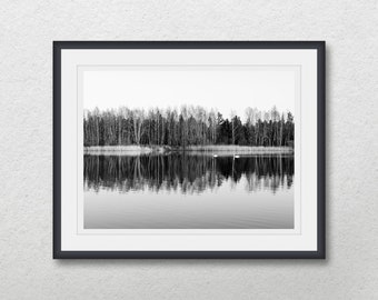 Forest reflection on water, Printable nature wall art, Black and white landscape prints, Trees home wall decor, Lake photo,Calm water poster