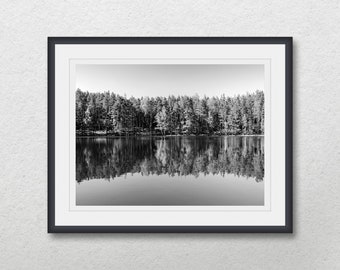 Black and white summer photography, Trees reflection on water, Forest and lake,Instand digital download,Nature printable wall art,Wall decor